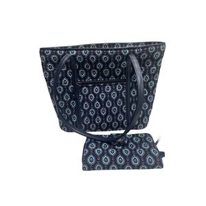 Vera Bradley Tote Bag and Wallet Set Womens Medium Navy Blue Quilted Teardrop‎